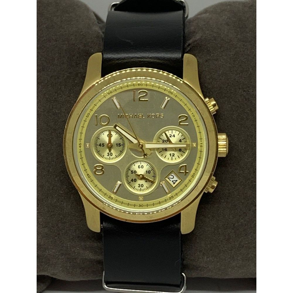 Michael Kors MK5055 Unisex Black Leather Analog Gold Dial Genuine Watch GE44